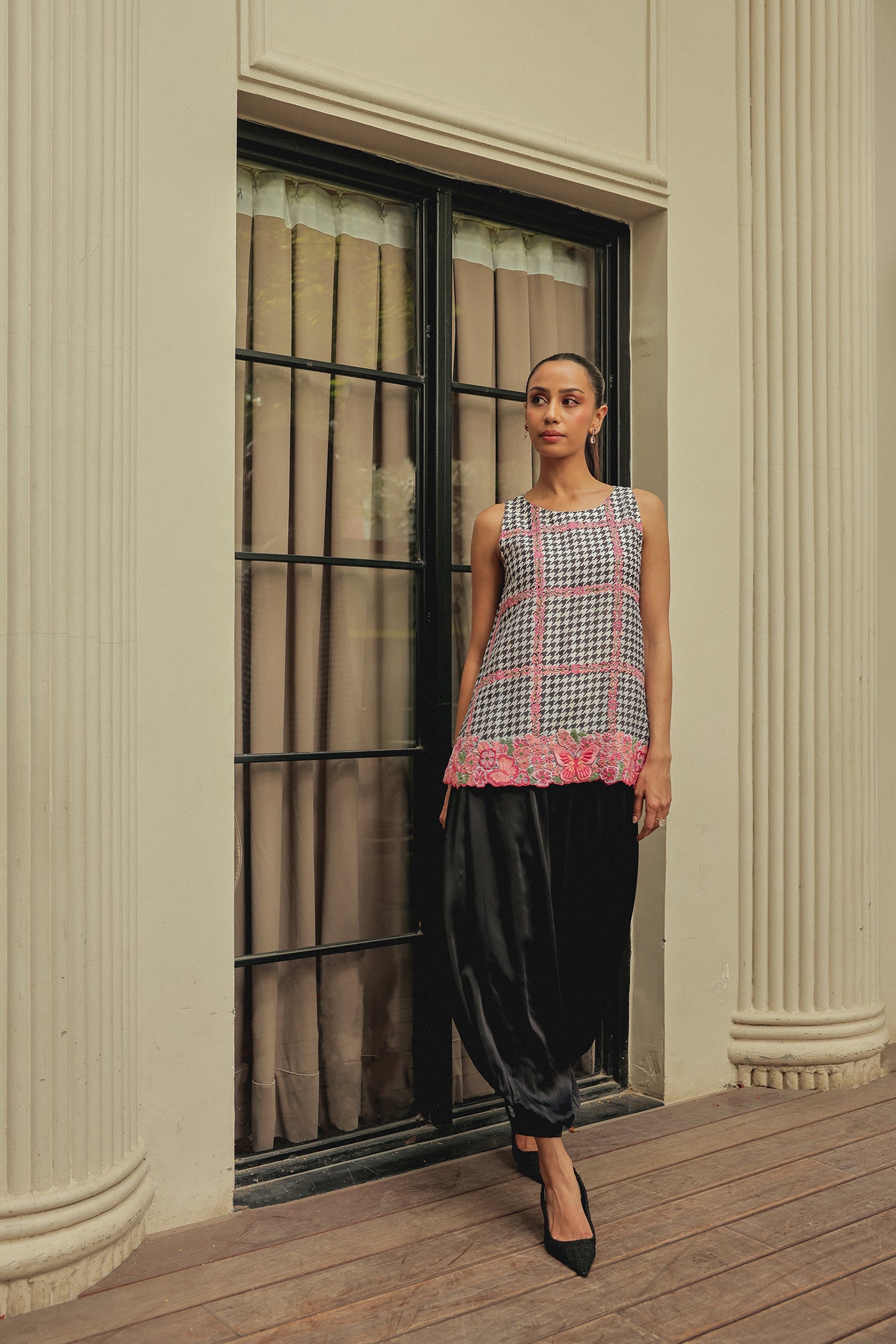 Noir Short Kurta With Satin Balloon Pants